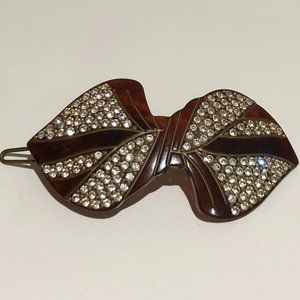Vintage Leon Guillot Hair Clip, Handmade in France, Brown Rhinestones Gold Trim